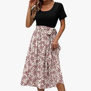 Dresses for Women Short Sleeved Mid Length Waist Tie Round Neck - 2XL